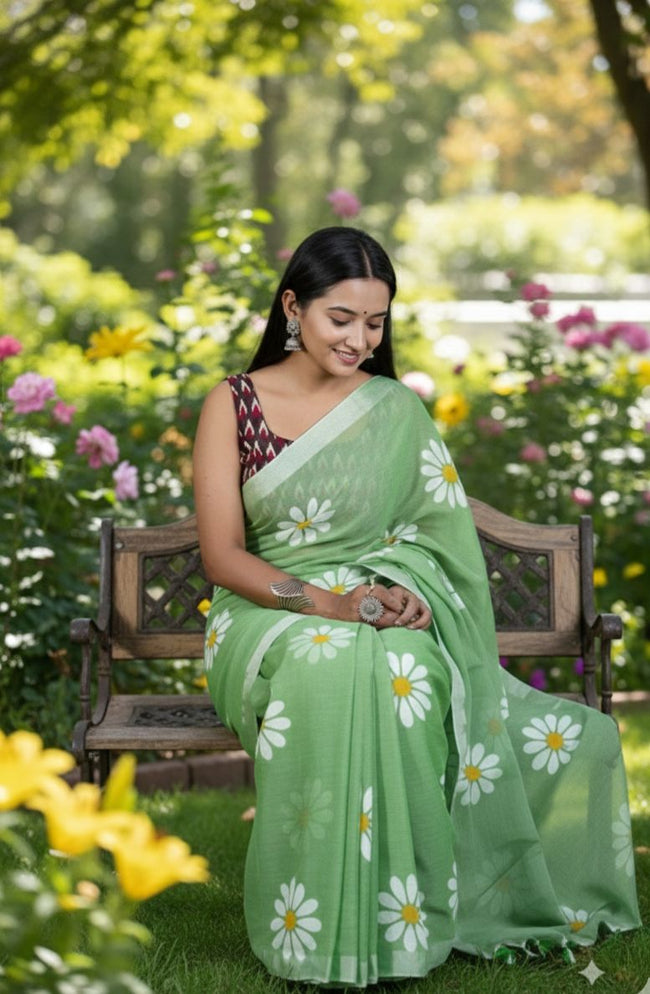 Women Cotto Hand Paint Floral Design Saree