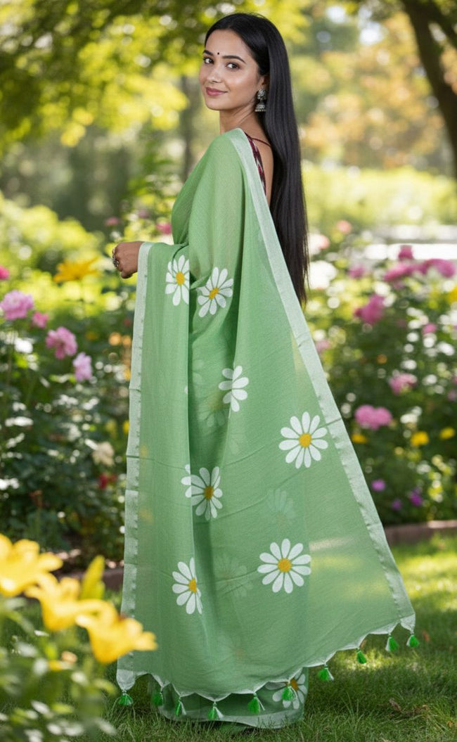 Women Cotto Hand Paint Floral Design Saree