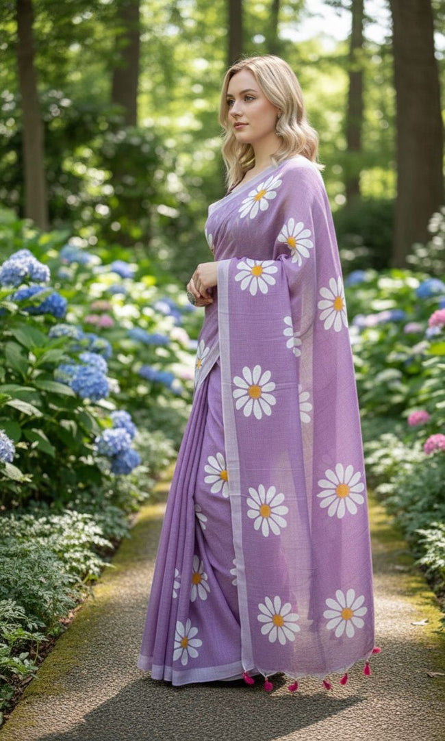 Women Cotto Hand Paint Floral Design Saree