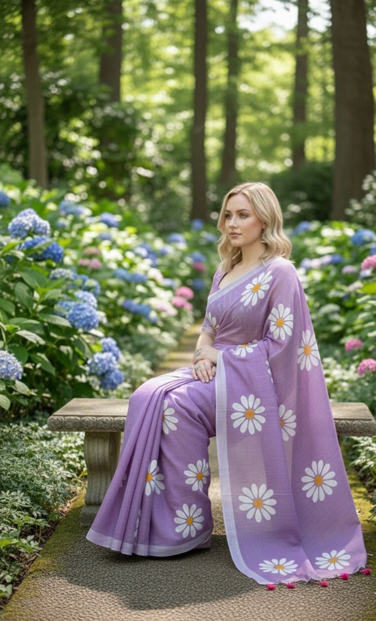 Women Cotto Hand Paint Floral Design Saree