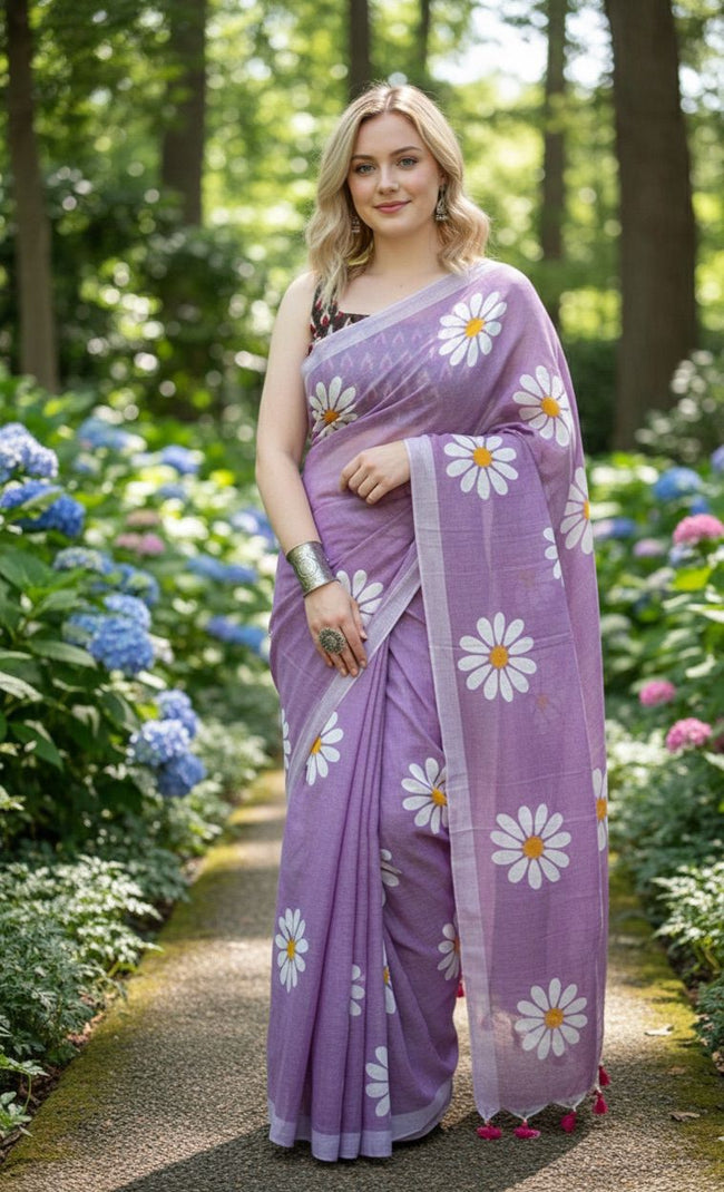 Women Cotto Hand Paint Floral Design Saree