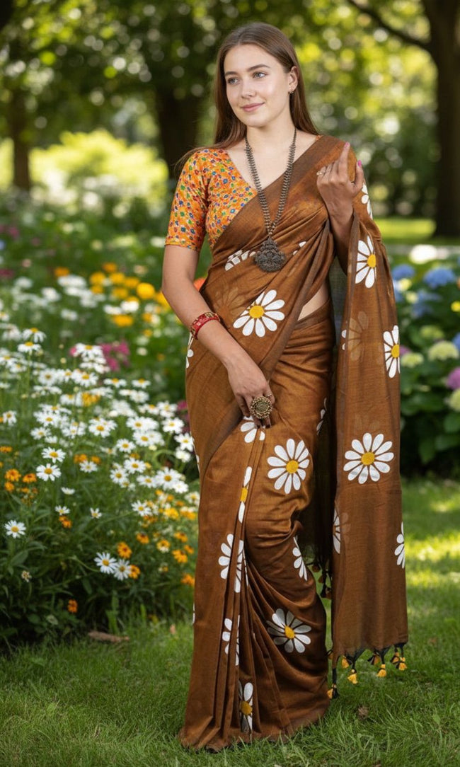 Women Cotto Hand Paint Floral Design Saree