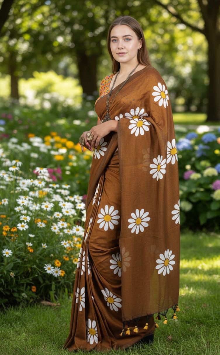 Women Cotto Hand Paint Floral Design Saree