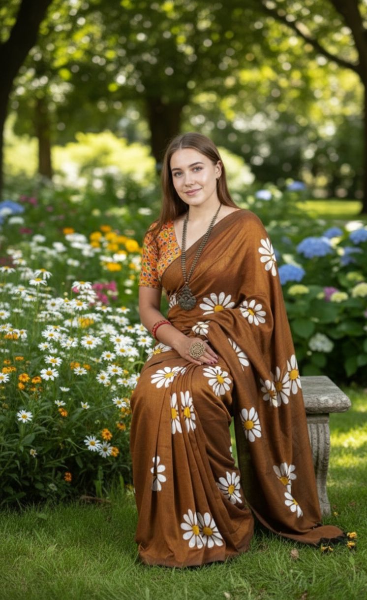 Women Cotto Hand Paint Floral Design Saree