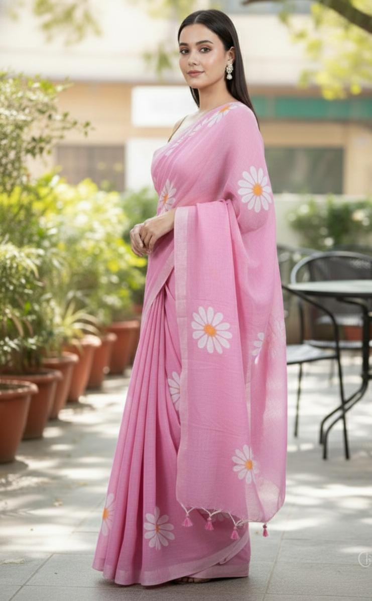 Women Cotto Hand Paint Floral Design Saree