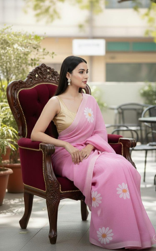 Women Cotto Hand Paint Floral Design Saree