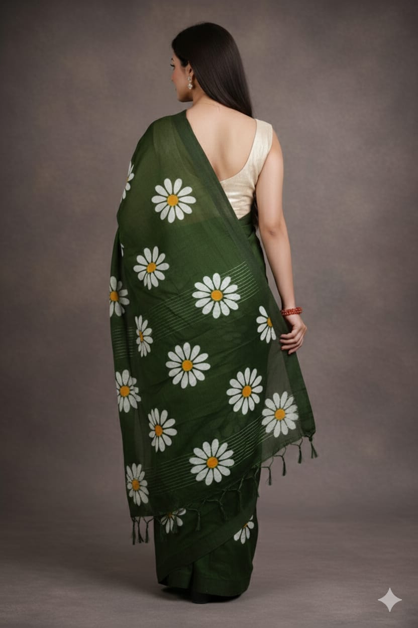 Women Cotto Hand Paint Floral Design Saree