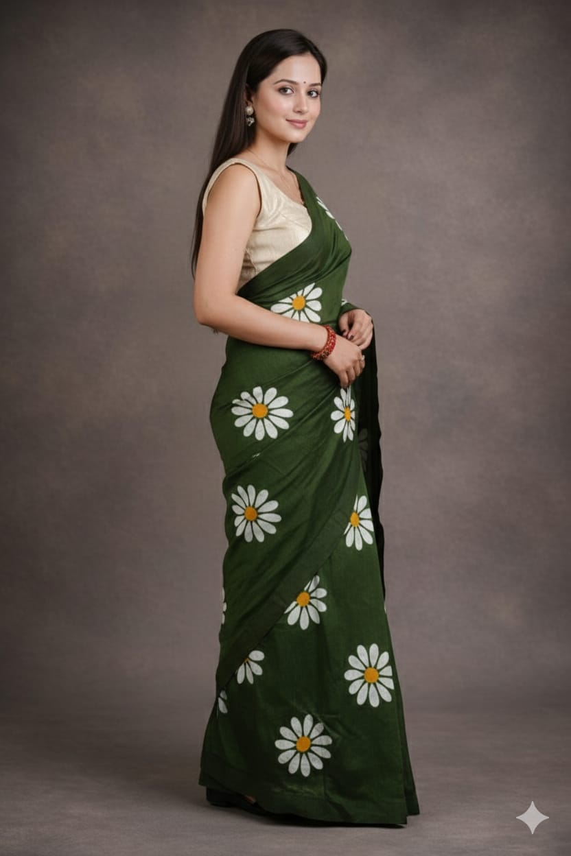 Women Cotto Hand Paint Floral Design Saree