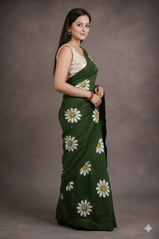 Women Cotto Hand Paint Floral Design Saree