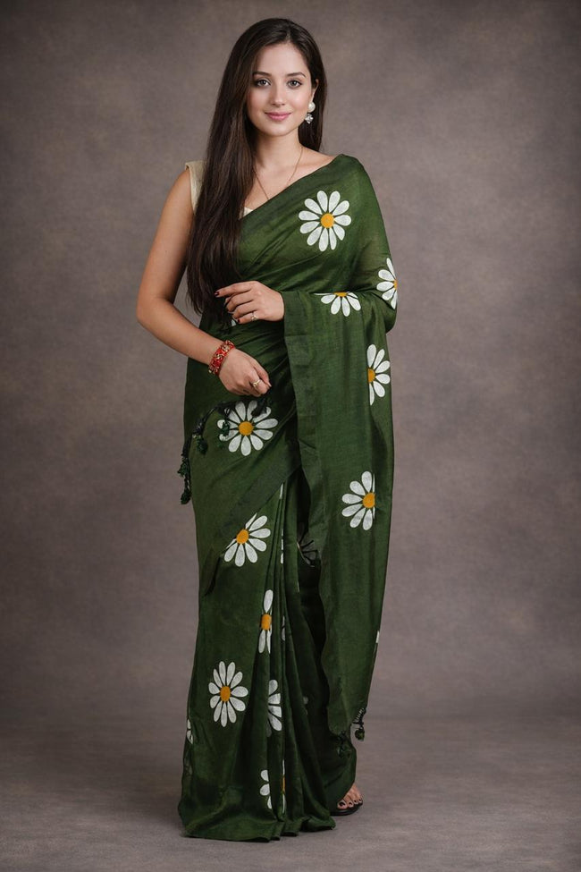 Women Cotto Hand Paint Floral Design Saree