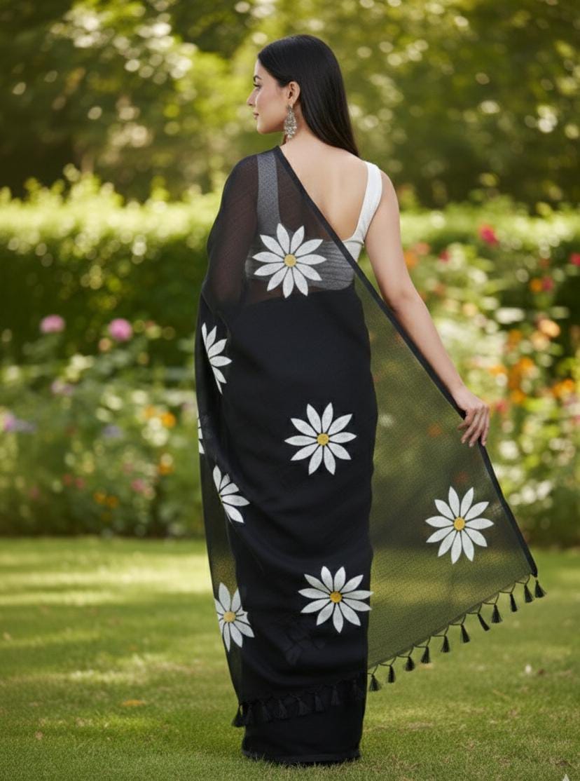 Women Cotto Hand Paint Floral Design Saree