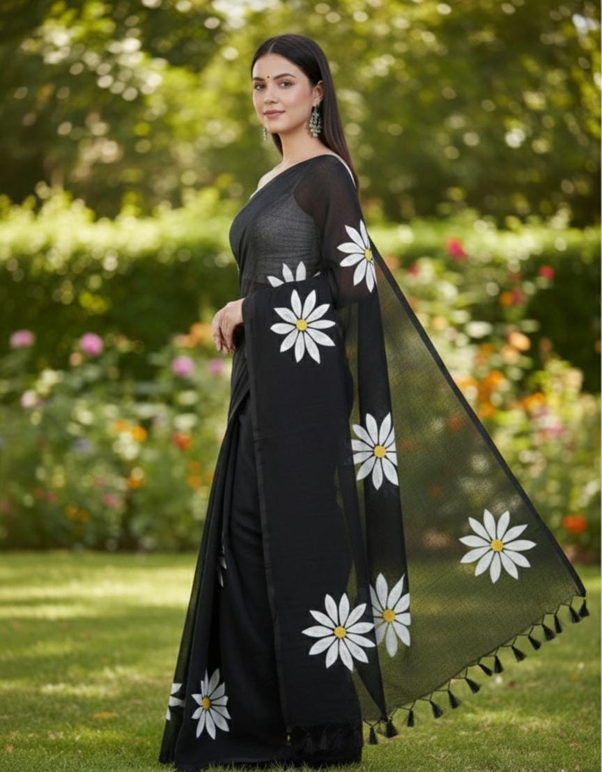 Women Cotto Hand Paint Floral Design Saree