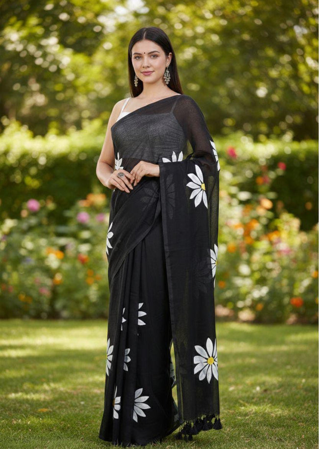 Women Cotto Hand Paint Floral Design Saree