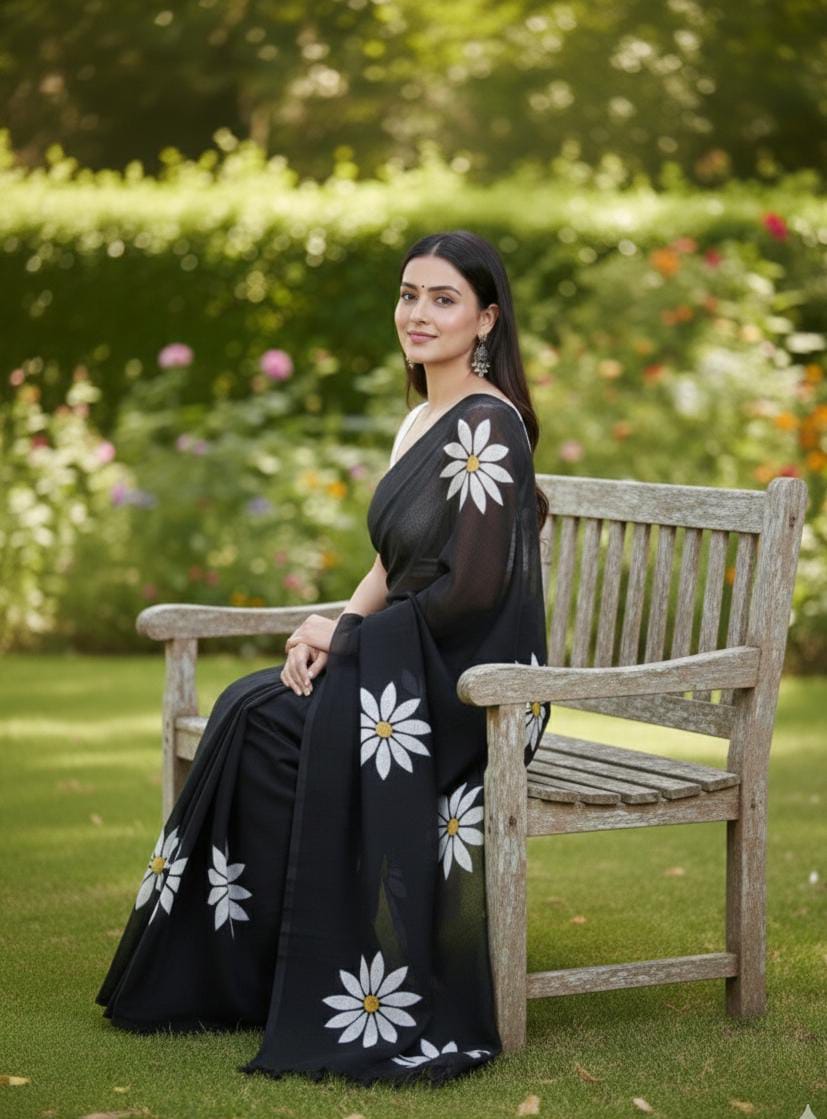 Women Cotto Hand Paint Floral Design Saree