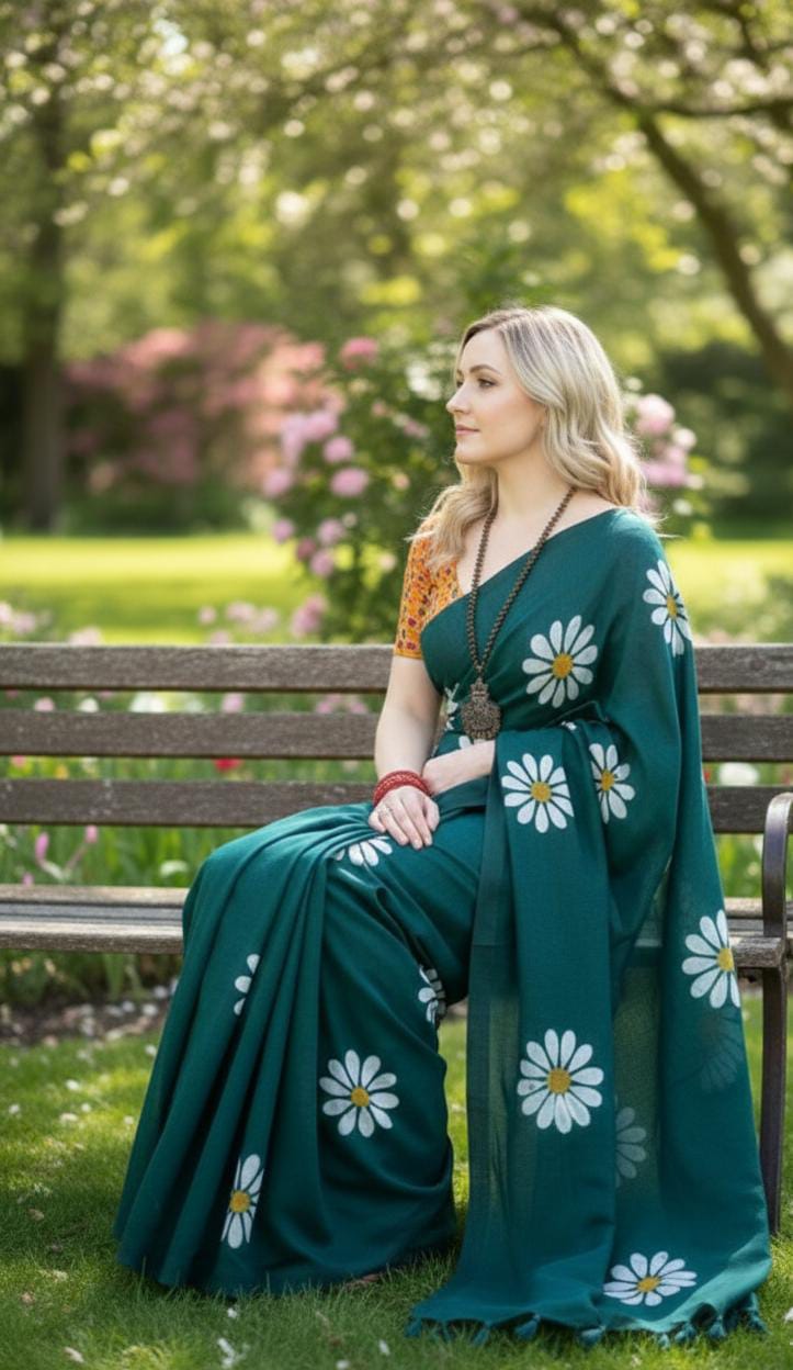 Women Cotto Hand Paint Floral Design Saree