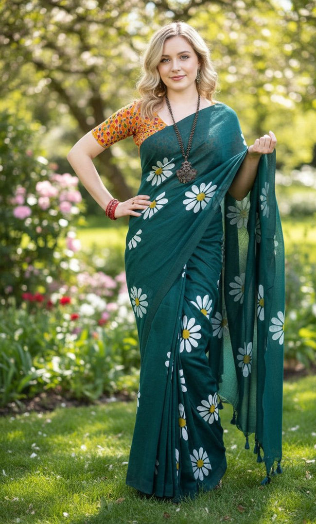 Women Cotto Hand Paint Floral Design Saree
