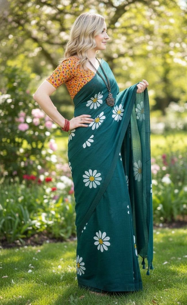 Women Cotto Hand Paint Floral Design Saree