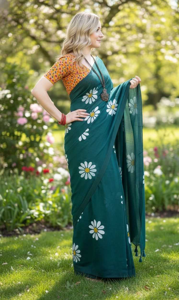 Women Cotto Hand Paint Floral Design Saree