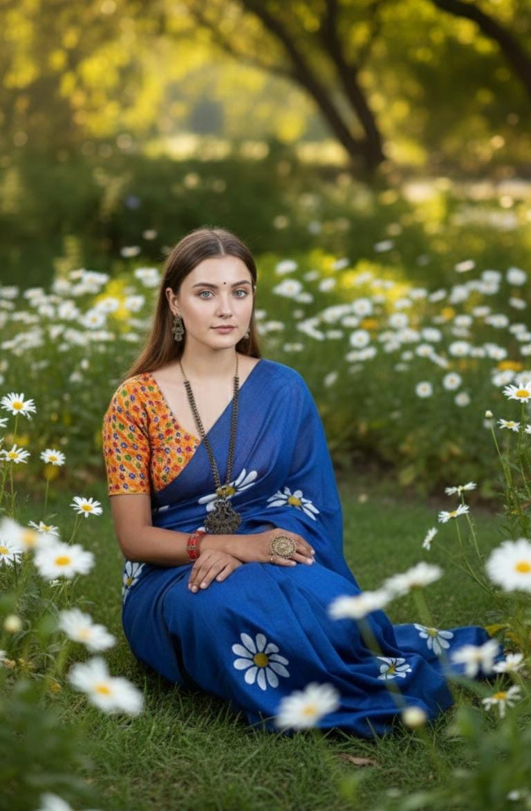 Women Cotto Hand Paint Floral Design Saree