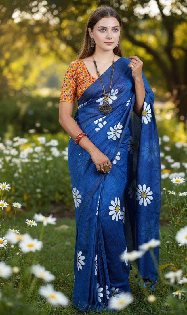 Women Cotto Hand Paint Floral Design Saree