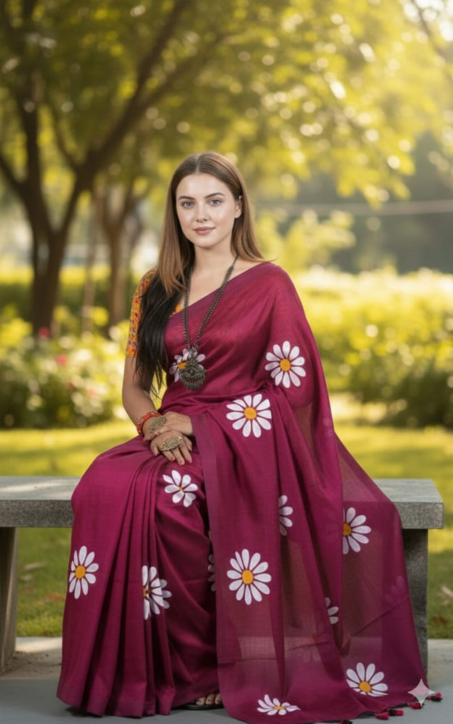 Women Cotto Hand Paint Floral Design Saree