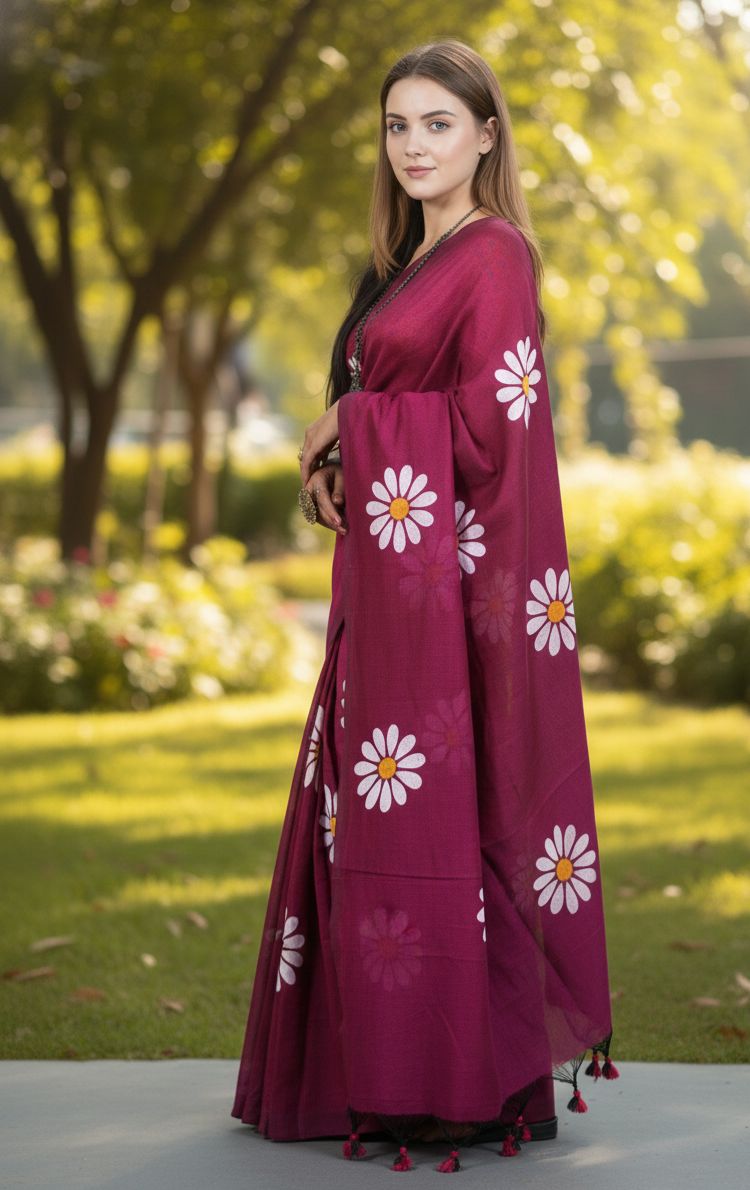 Women Cotto Hand Paint Floral Design Saree