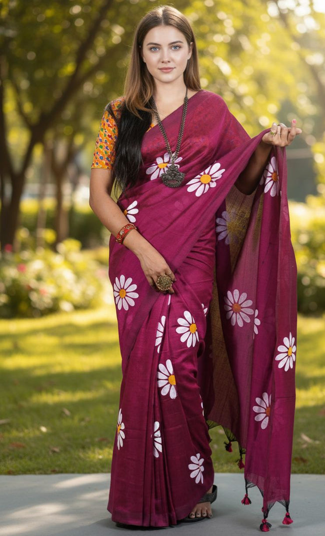 Women Cotto Hand Paint Floral Design Saree