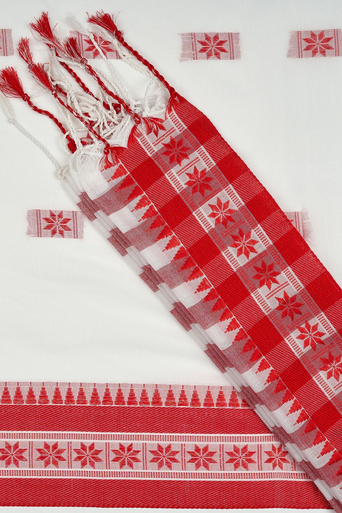 Women Cotton White Red Saree