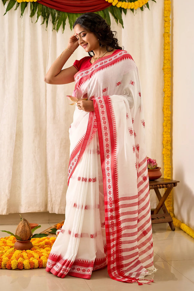 Women Cotton White Red Saree