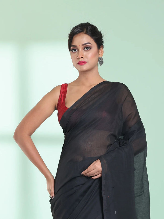 Women Black Zari Border Solid Cotton Saree