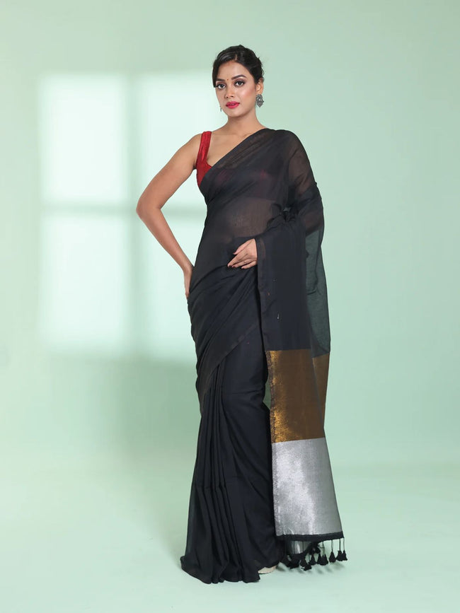 Women Black Zari Border Solid Cotton Saree