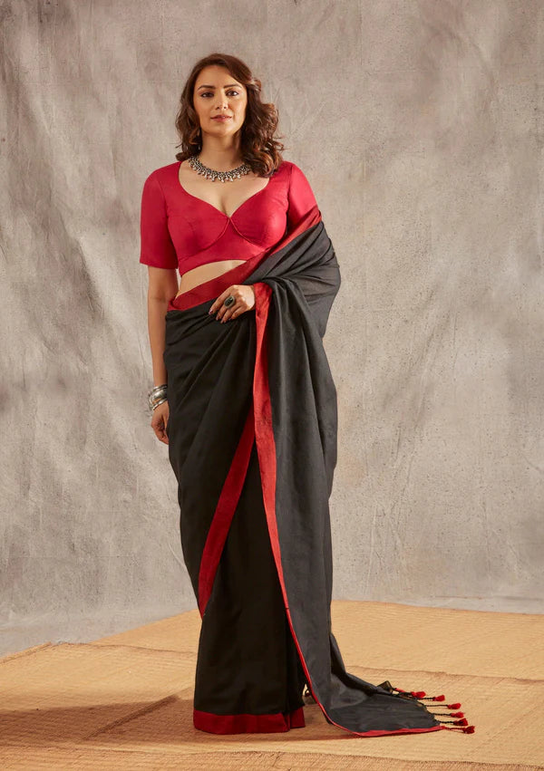 Women Black Red Border Cotton Saree