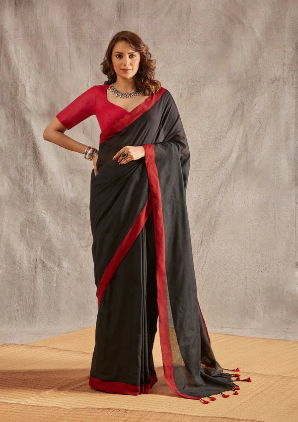 Women Black Red Border Cotton Saree