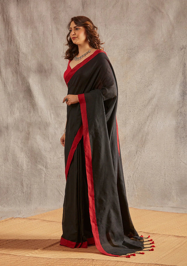 Women Black Red Border Cotton Saree