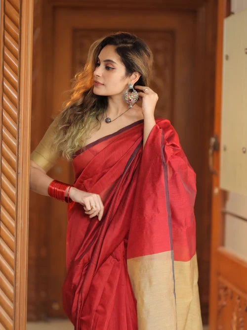 Women Cotton Silk Plain Saree