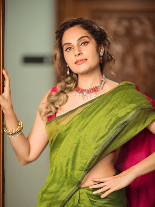 Women Cotton Silk Plain Saree