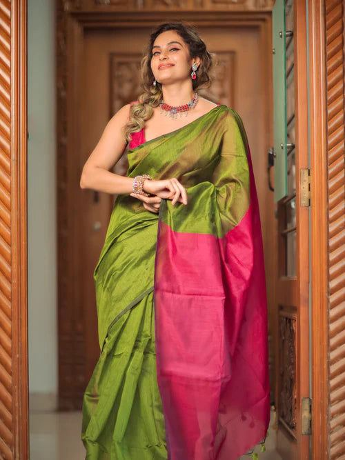 Women Cotton Silk Plain Saree