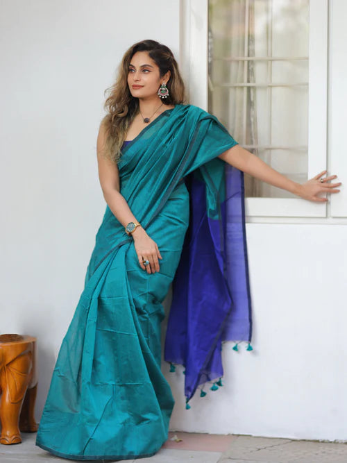 Women Cotton Silk Plain Saree