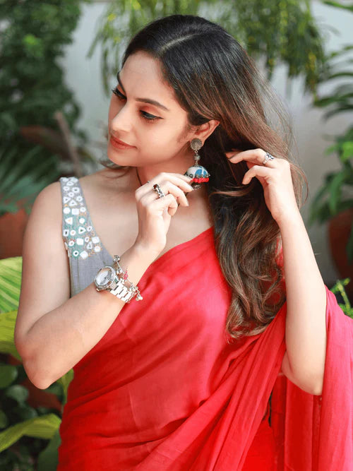 Women Cotton Plain Red Saree