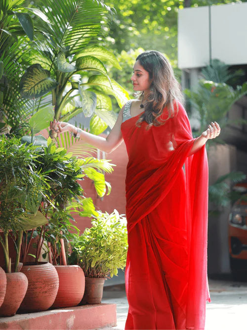 Women Cotton Plain Red Saree