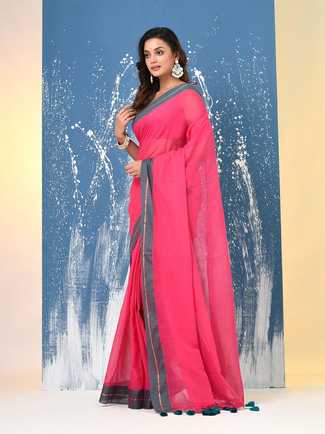 Women Mul Cotton Rani Pink Saree