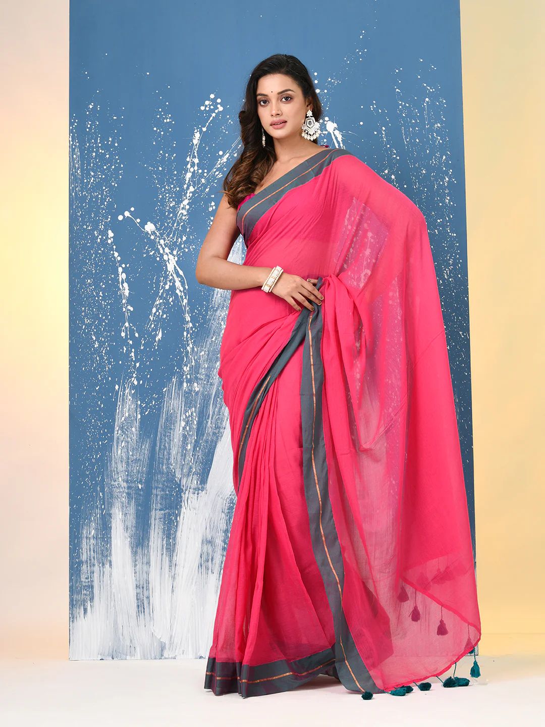 Women Mul Cotton Rani Pink Saree