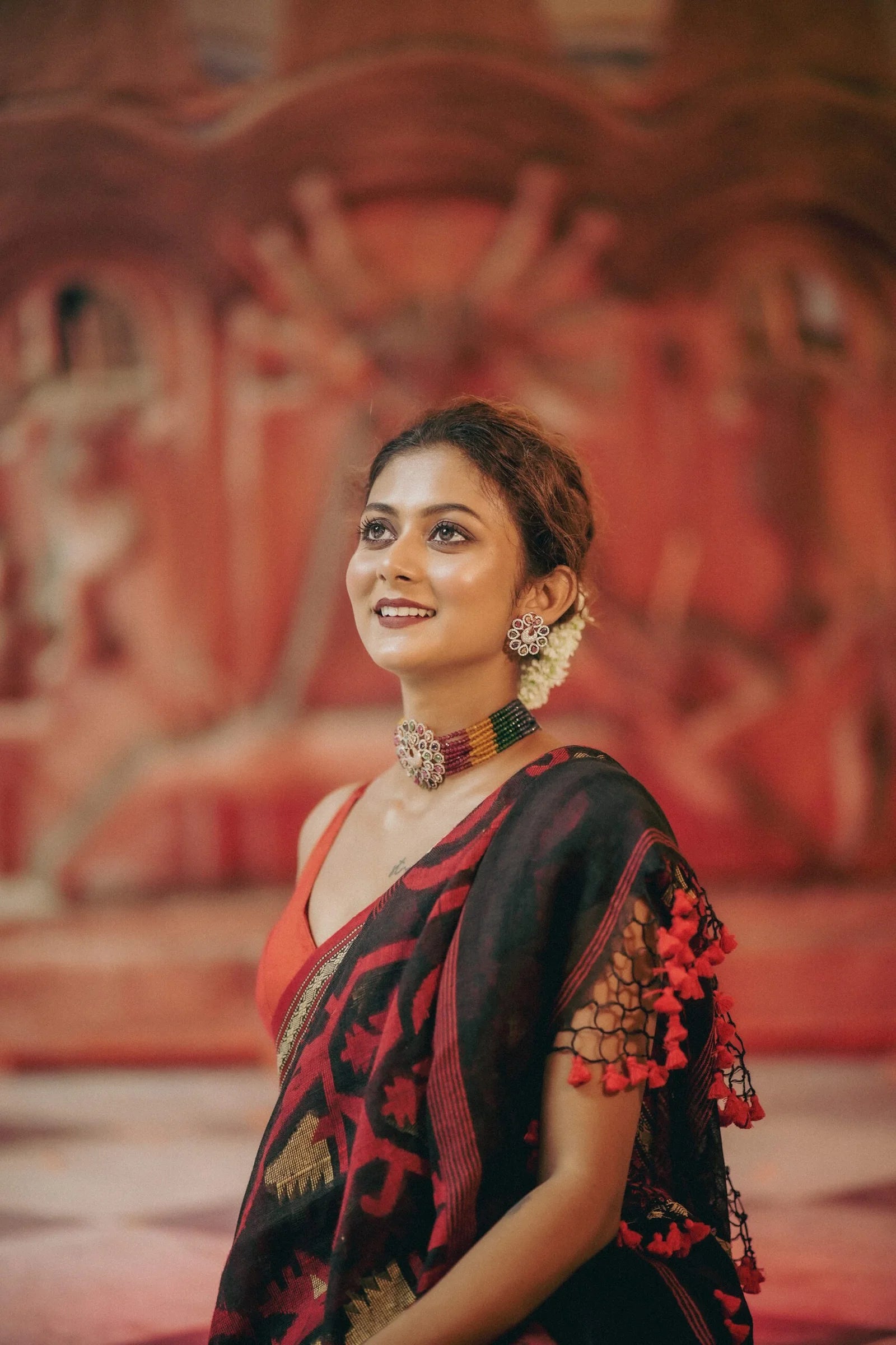 Women Black Lilen Handloom Jamdani Saree