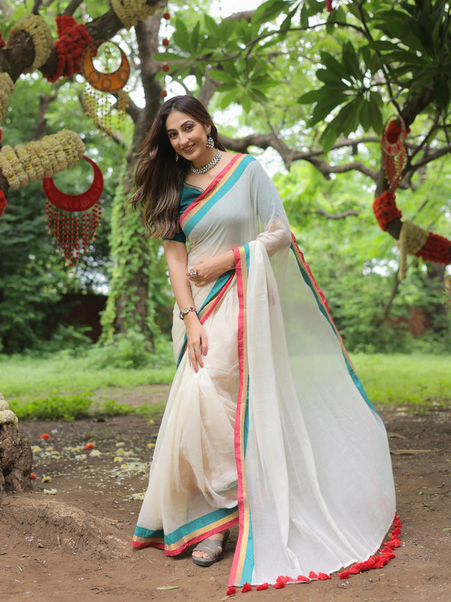 Women White Try Color Mul Cotton Saree