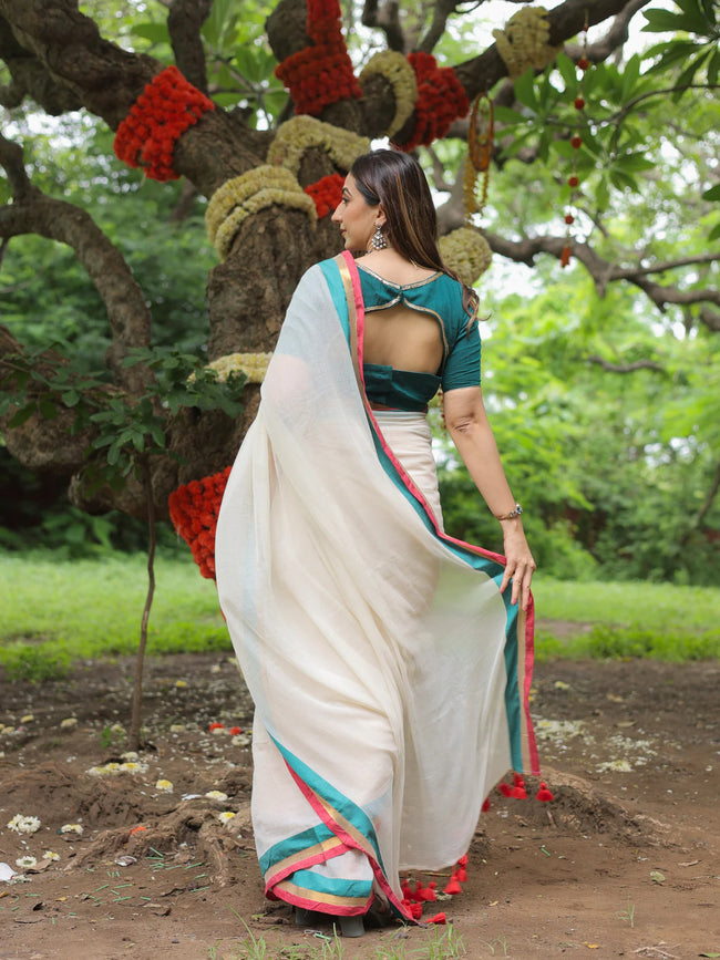 Women White Try Color Mul Cotton Saree