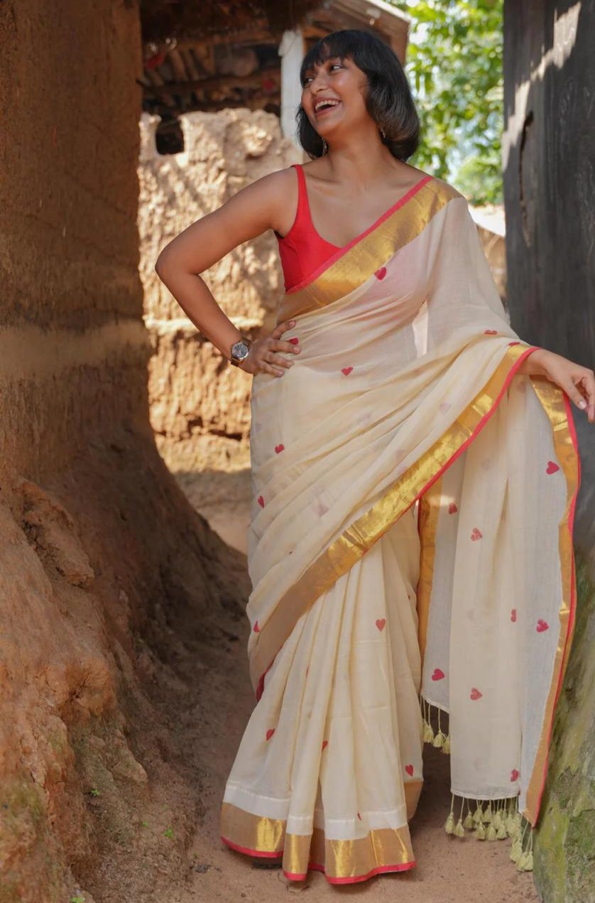 Women Off White Zari Border Love Design Saree