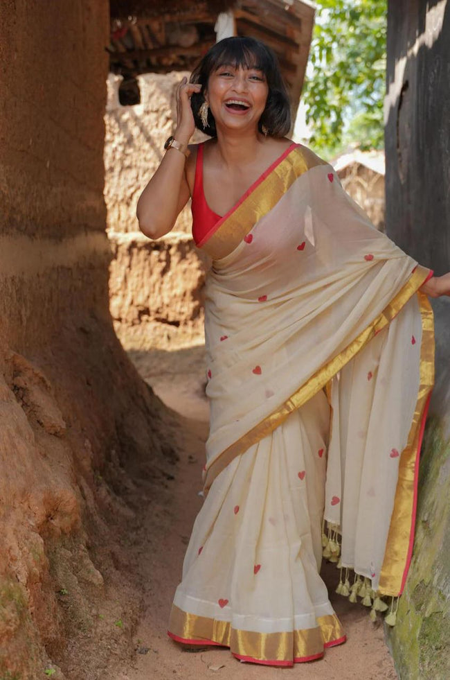 Women Off White Zari Border Love Design Saree