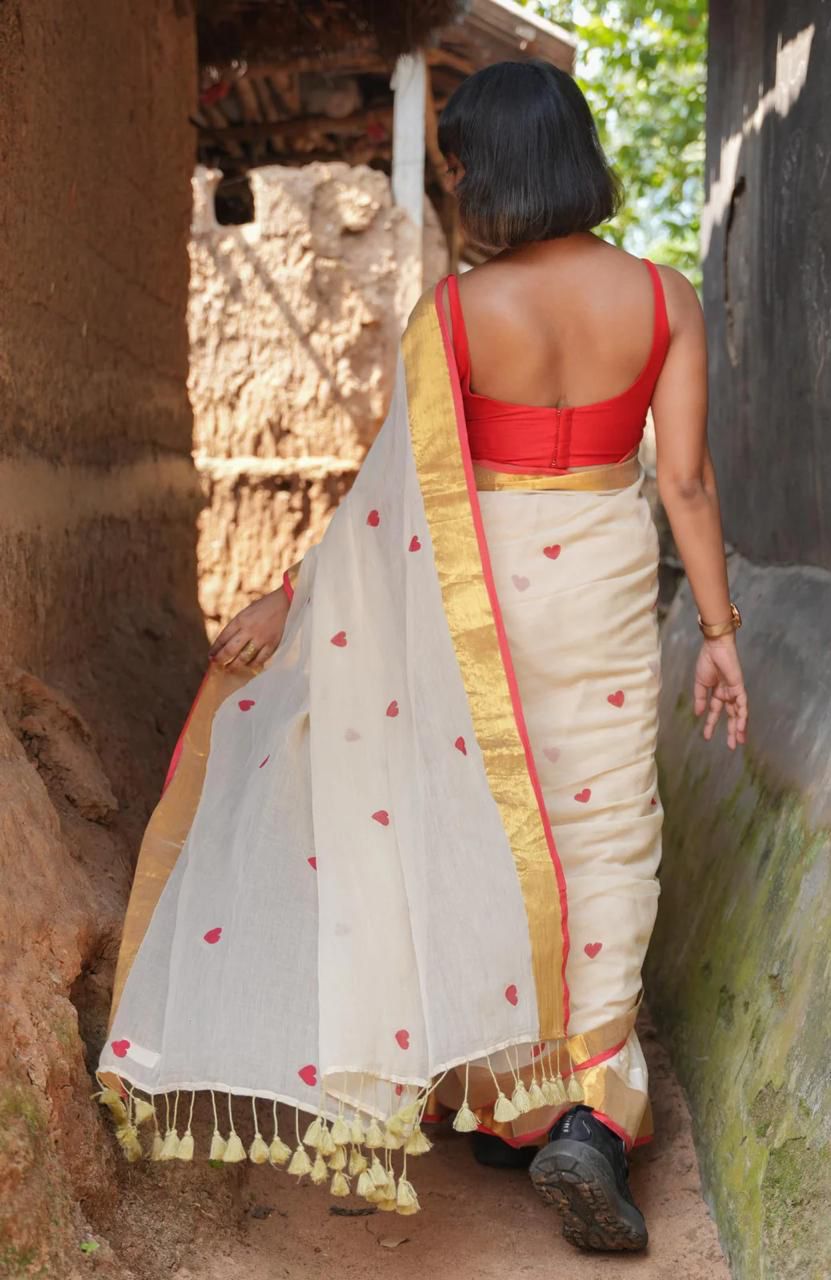 Women Off White Zari Border Love Design Saree