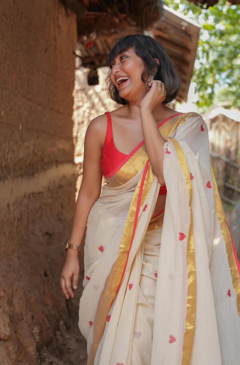 Women Off White Zari Border Love Design Saree