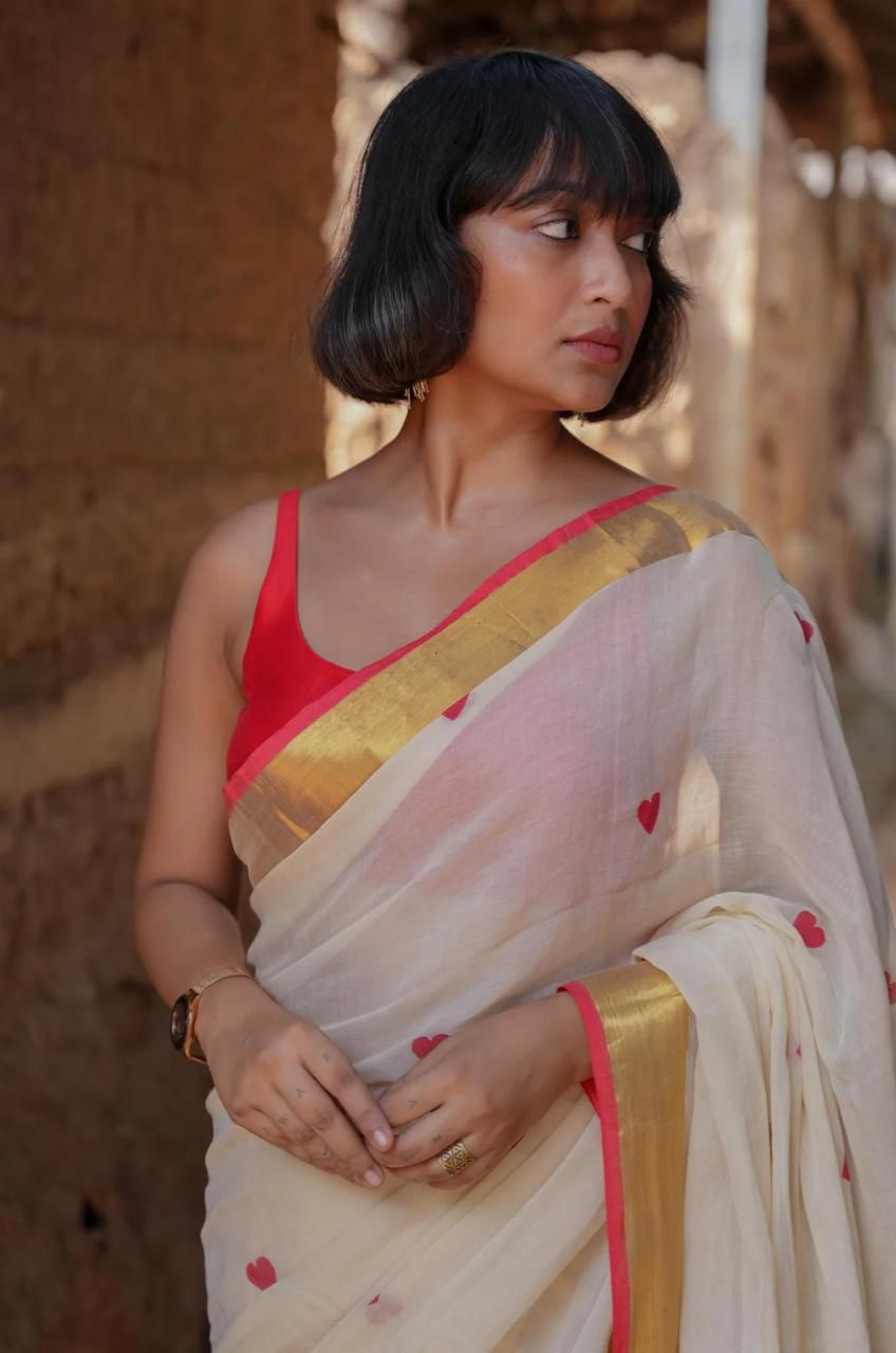 Women Off White Zari Border Love Design Saree